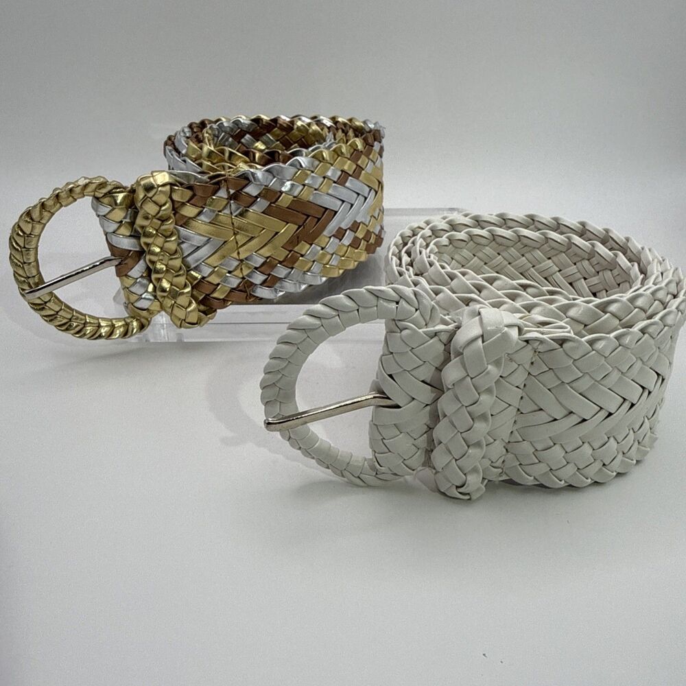 Lot 2 Women's Braided Wide Belt Matching Buckle Woven Large Gold Silver White